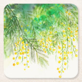 明るい黄色ミモサ水彩花絵を描の花 スクエアペーパーコースター (正面)