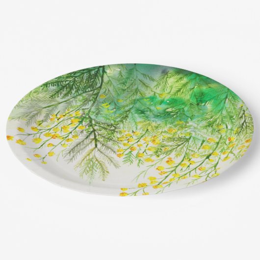 明るい黄色ミモサ水彩花絵を描の花 ペーパープレート (アングル)