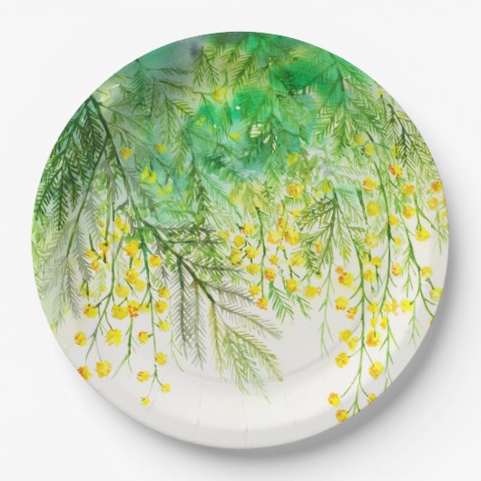 明るい黄色ミモサ水彩花絵を描の花 ペーパープレート (正面)