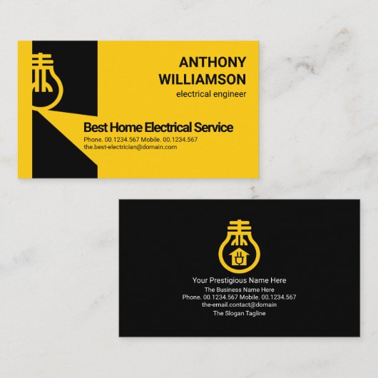 明るい黄輝く色の電球電気技師 名刺 (正面/裏面)