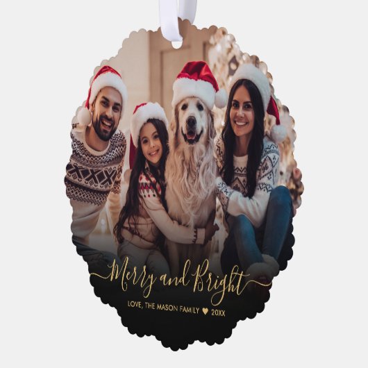 明るい黒メリー色の金ゴールドスクリプト写真クリスマス オーナメントカード (左)