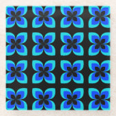 明るい2トーンの青い花模様 ガラスコースター (正面)