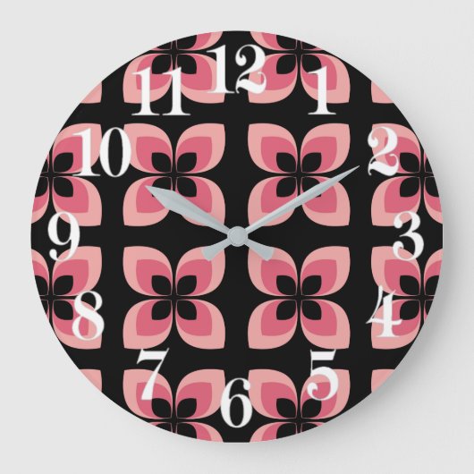 明るい2色のピンクの花柄 ラージ壁時計 (正面)