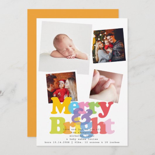 明るい4メリー枚の写真クリスマス誕生発表 シーズンカード (正面/裏面)