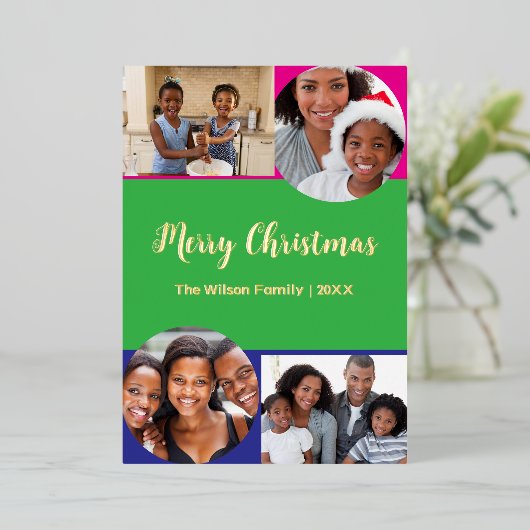 明るい4枚の写真コラージュメリークリスマスカスタム 箔シーズンカード (立ち正面)