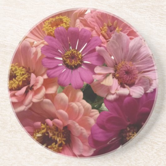 明るい《植物》百日草コースターの色合いのピンクとピーチ コースター (正面)