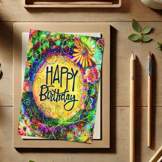 明るい 誕生日 楽しい 花柄 イエロー カード