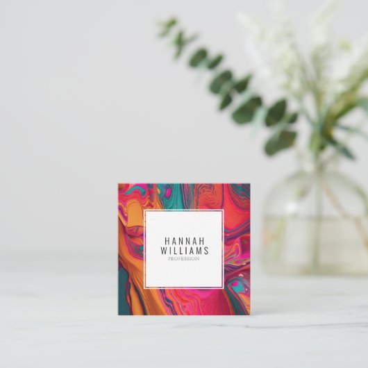 明るいQrコードカラフル液体パターユニークン スクエア名刺 (スタンド正面)