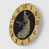 明るくかすかに光る金ゴールドおよび紫色の孔雀 ラージ壁時計 (傾斜)