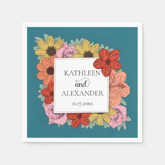 明るくはっきりしたティール(緑がかった色)ブルーフローラ結婚ズ スタンダードカクテルナプキン (正面)