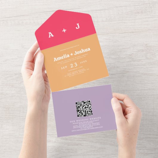 明るくはっきりしたレトロ結婚式招待状 オールインワン招待状 (貼ってはがせる)