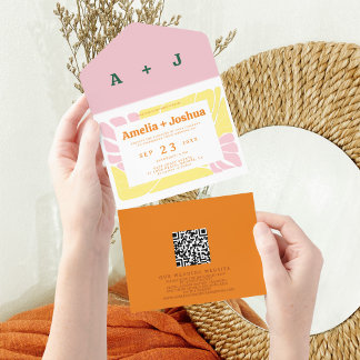 明るくはっきりしたレトロ結婚式招待状 オールインワン招待状