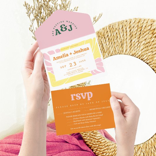 明るくはっきりしたレトロ結婚式招待状 オールインワン招待状