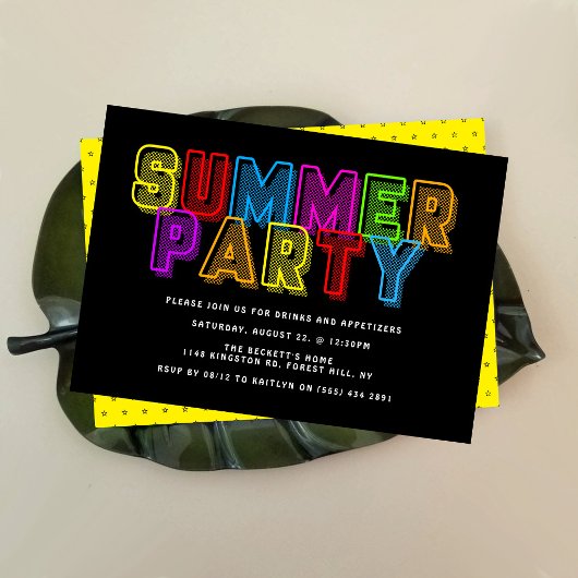 明るくカラフルなネオンタイポグラフィーの夏のパーティー 招待状