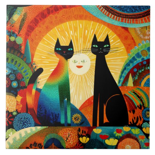 明るくカラフルな背景の猫たち, タイル (正面)