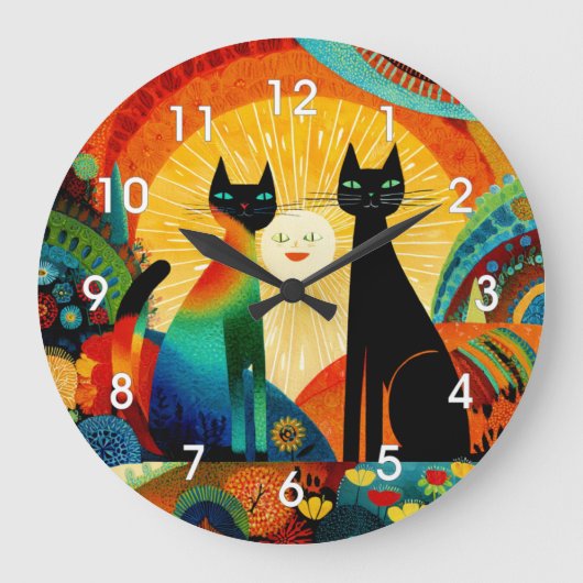 明るくカラフルな背景の猫たち, ラージ壁時計 (正面)