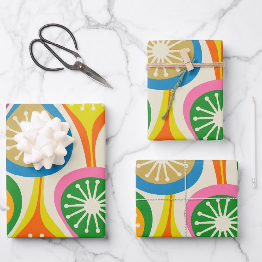 明るくカラフル中世紀原子モダンおもしろい ラッピングペーパーシート (正面)
