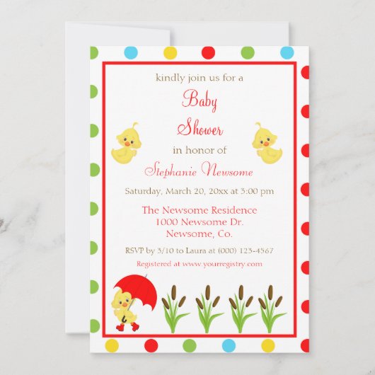 明るくカラフル水玉模様赤ちゃんシャワーダック 招待状 (正面)