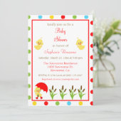 明るくカラフル水玉模様赤ちゃんシャワーダック 招待状 (スタンド正面)