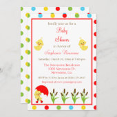 明るくカラフル水玉模様赤ちゃんシャワーダック 招待状 (正面/裏面)