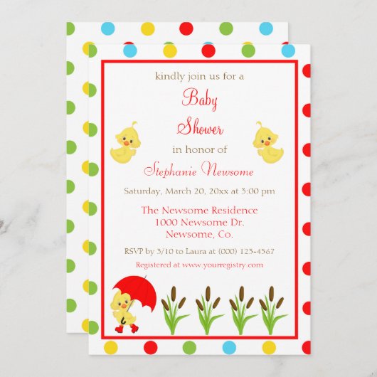 明るくカラフル水玉模様赤ちゃんシャワーダック 招待状 (正面/裏面)