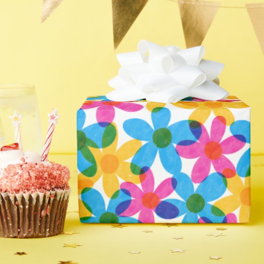 明るくヒッピーはっきりしたの花レトロフローラ ラッピングペーパー (誕生日パーティー)