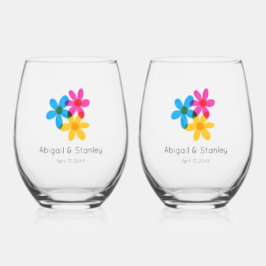 明るくヒッピーはっきりしたの花春の結婚式 ステムなしワイングラス (正面)