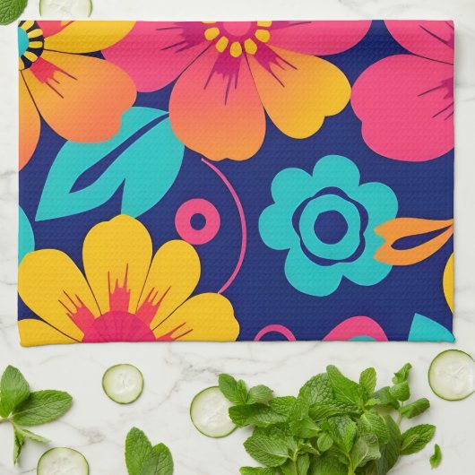 明るくレトロはっきりしたの花 – ドーパミンスタイル キッチンタオル (折り畳み)