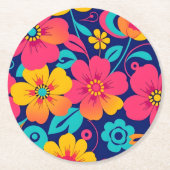 明るくレトロはっきりしたの花 – ドーパミンスタイル ラウンドペーパーコースター (正面)