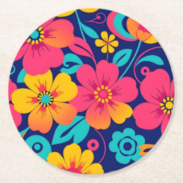 明るくレトロはっきりしたの花 – ドーパミンスタイル ラウンドペーパーコースター