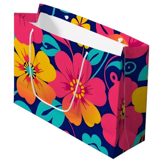明るくレトロはっきりしたの花 – ドーパミンスタイル ラージペーパーバッグ (正面アングル)