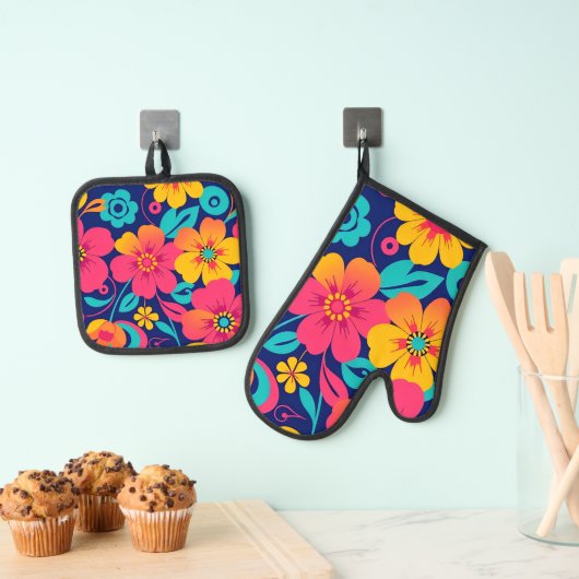 明るくレトロはっきりしたの花 – ドーパミンスタイル 鍋つかみ&鍋敷きセット (インサイチュ (吊り下げ))