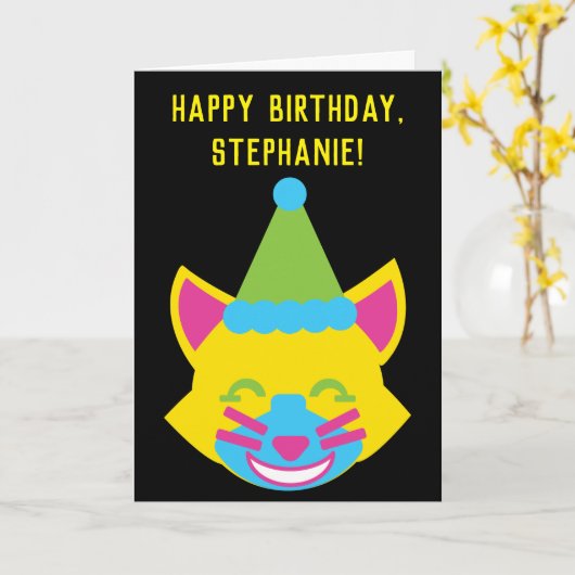 明るく幸せな猫パーソナライズされた誕生日 カード (黄色い花)