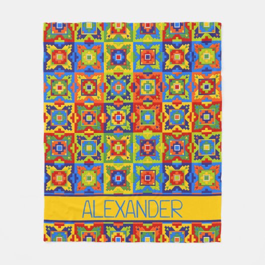 明るく幾何カラフルタイルパーソナライズされた フリースブランケット (正面)