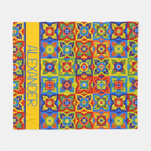 明るく幾何カラフルタイルパーソナライズされた フリースブランケット (正面(横))