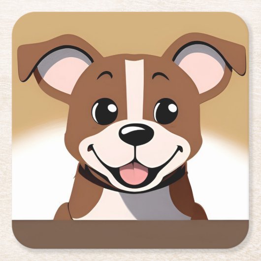 明るく微笑むハッピーブラウンの子犬 スクエアペーパーコースター (正面)