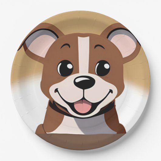 明るく微笑むハッピーブラウンの子犬 ペーパープレート (正面)