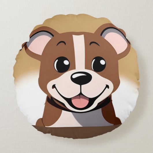 明るく微笑むハッピーブラウンの子犬 ラウンドクッション (正面)