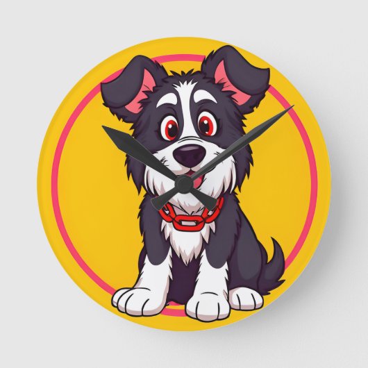 明るく微笑む愛らしい漫画犬 ラウンド壁時計 (正面)