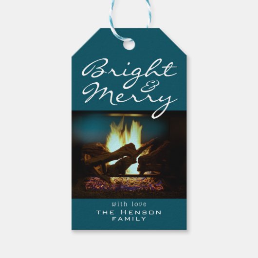 明るく暖炉メリー火クリスマスフォト ギフトタグ (正面)