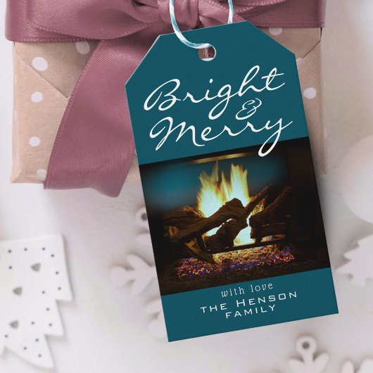 明るく暖炉メリー火クリスマスフォト ギフトタグ