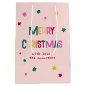 明るく楽しいクリスマスパーソナライズされたピンク ミディアムペーパーバッグ (裏面)