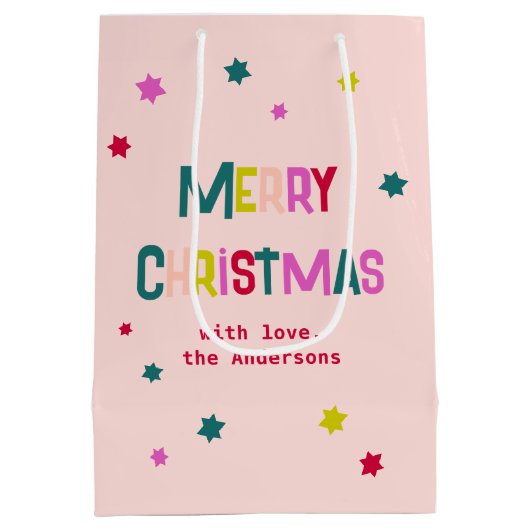 明るく楽しいクリスマスパーソナライズされたピンク ミディアムペーパーバッグ (裏面)