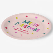 明るく楽しいメリーモダンクリスマス赤面ピンク ペーパープレート (アングル)