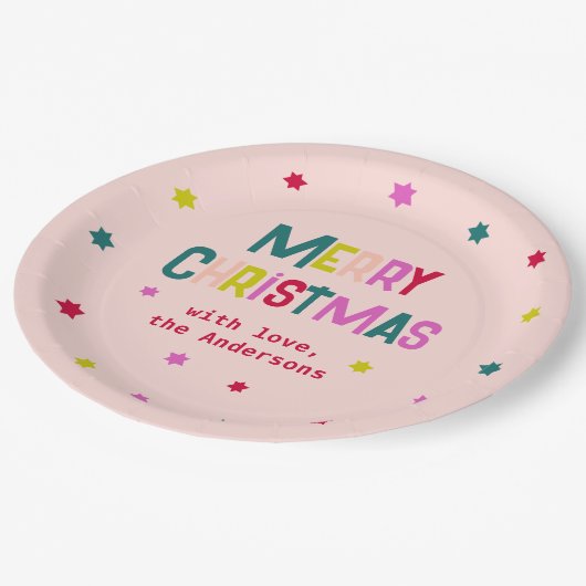 明るく楽しいメリーモダンクリスマス赤面ピンク ペーパープレート (アングル)
