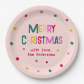 明るく楽しいメリーモダンクリスマス赤面ピンク ペーパープレート (正面)