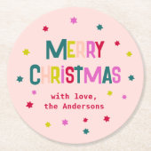 明るく楽しいメリーモダンクリスマス赤面ピンク ラウンドペーパーコースター (正面)