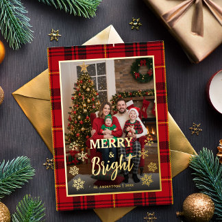 明るく楽しいレッドタータンチェックのクリスマス写真 箔シーズンカード