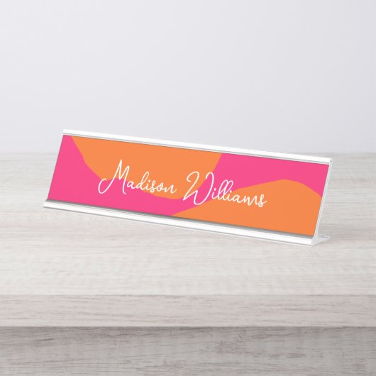 明るく熱はっきりしたいピンクとオレンジの抽象芸術 デスクネームプレート (正面)