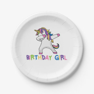 明るく着色された軽く押えるユニコーンの誕生日の女の子 ペーパープレート
